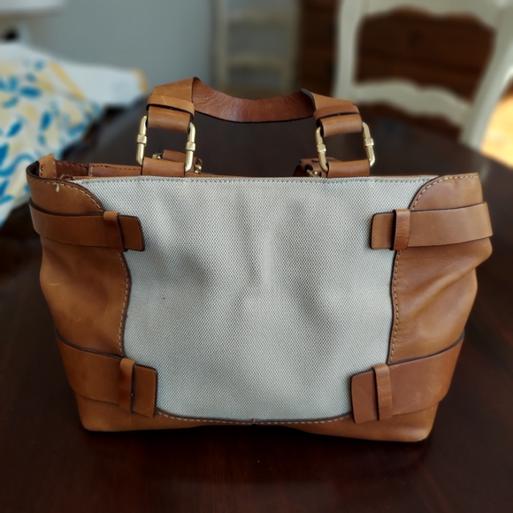 Michael Kors Classic Handbag Tan Leather & Beige Cloth - Picture 3 of 17